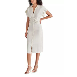Steve Madden Cambrie Ruched Linen Blend Midi Button-Front Midi Dress S